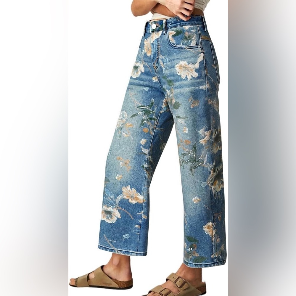 YNS Generic Sz-Xs. Women's straight-leg jeans with a floral print, loose, high- - Picture 2 of 15